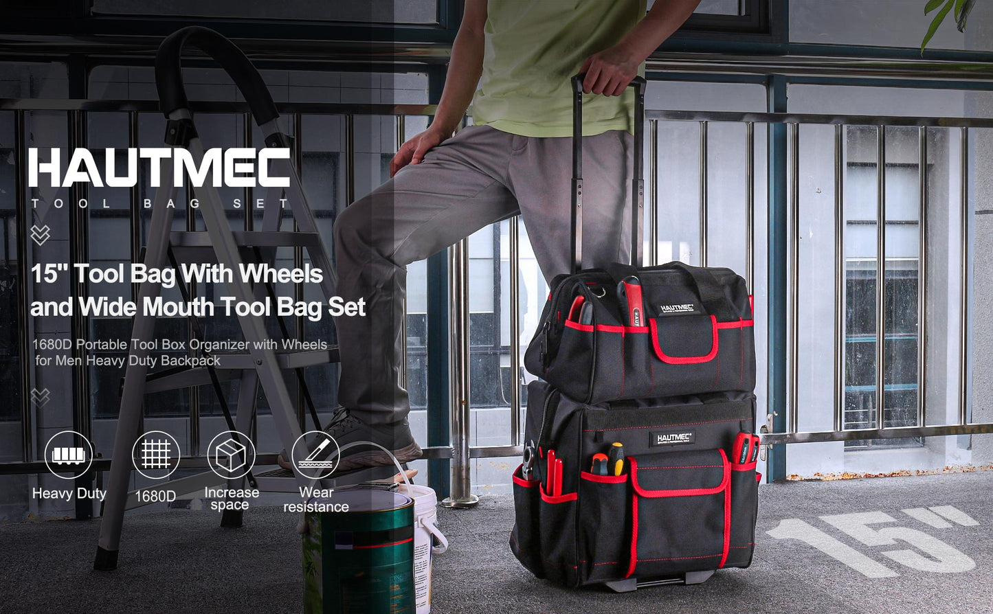 HAUTMEC 2-Piece Rolling Tool Bag Set, 15” Heavy-Duty Tool Bag with Wheels & 15" Wide Mouth Utility Bag, 1680D Water-Resistant Durable Tool Storage – HT0288