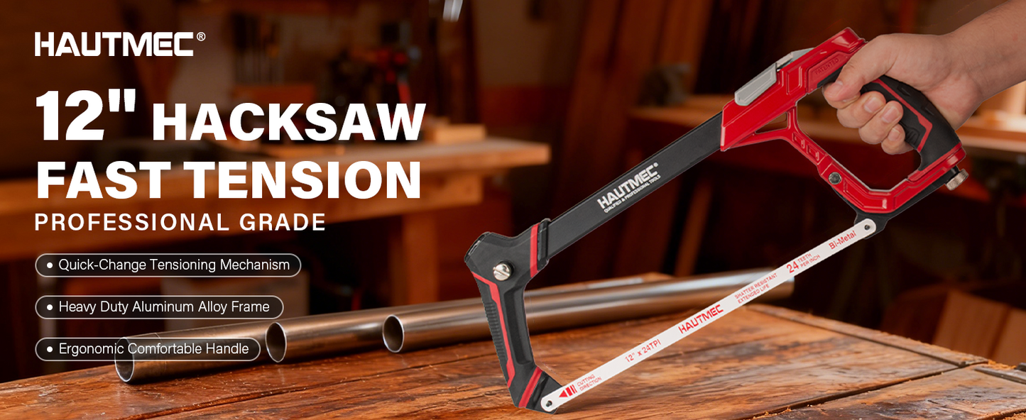 HAUTMEC 12" Fast Tension Hacksaw with Extra 5 HSS Blades, Heavy-Duty Aluminum Frame, Quick-Change Tension, Blade Storage, Pro Hack Saw with Dual Cutting Angles for Metal, PVC, Wood - HTHSH25034