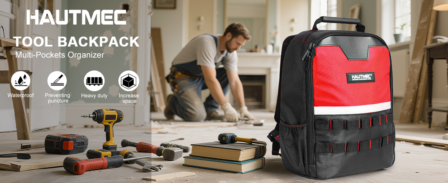 HAUTMEC Pro Tool Backpack Heavy Duty 1680D Water-Resistant Tool Bag with Laptop Compartment, Padded Straps for Comfortable Carry, Impact-Resistant Base, HT0407