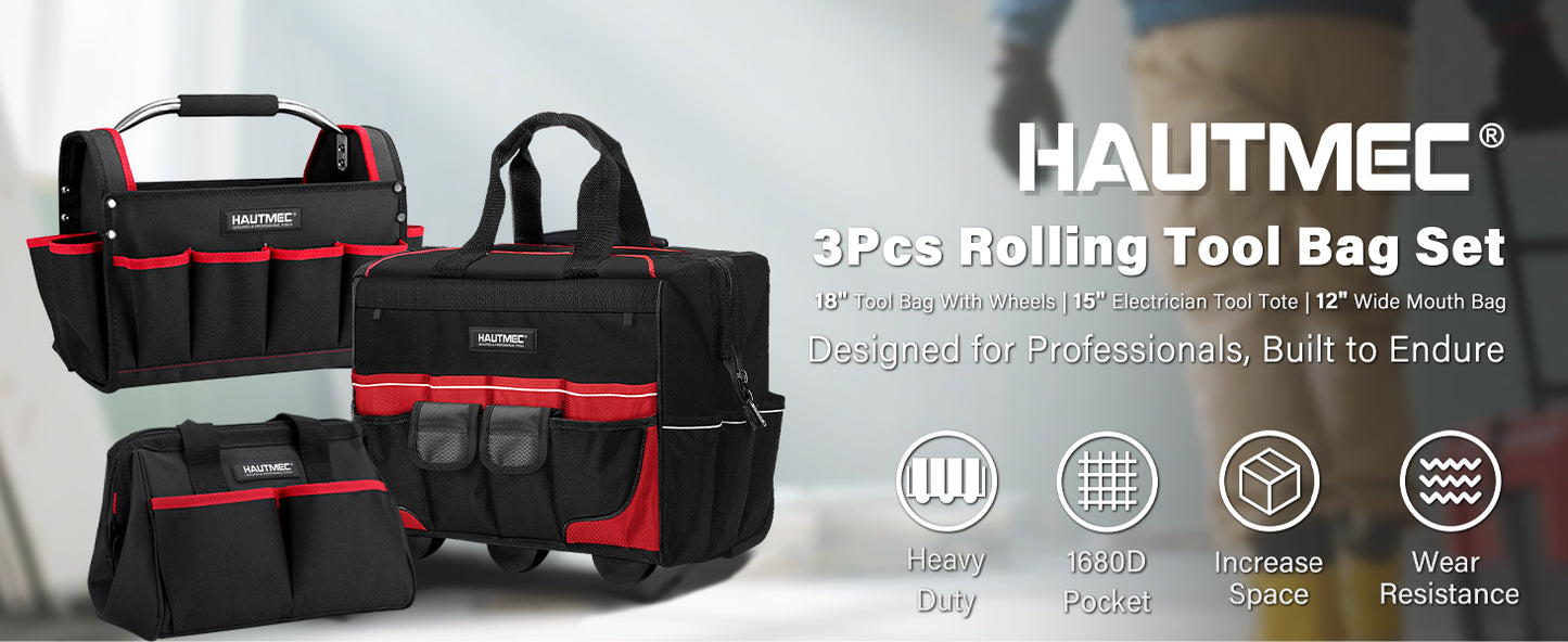 HAUTMEC 3 Piece Heavy-Duty Rolling Tool Bag Set, 18” Wheeled Tool Bag, 15” Electrician Tool Tote & 12” Wide Mouth Bag, 1680D Oxford Fabric Portable Tool Storage – HTTBM25006