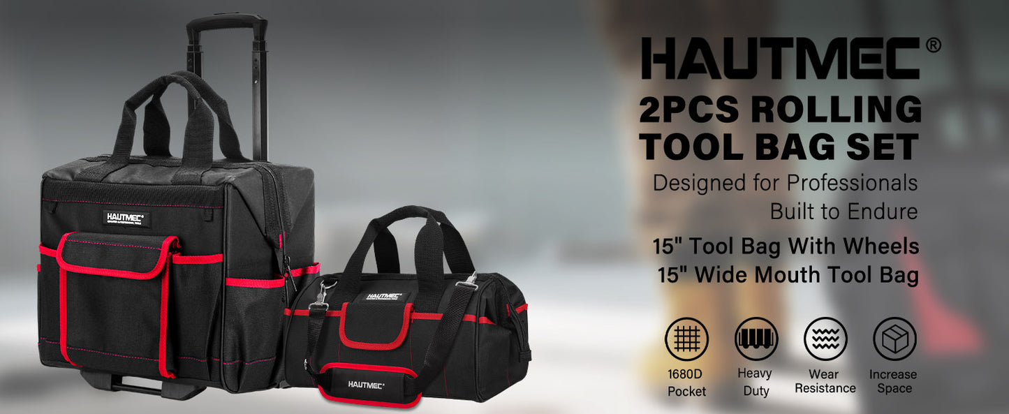 HAUTMEC 2-Piece Rolling Tool Bag Set, 15” Heavy-Duty Tool Bag with Wheels & 15" Wide Mouth Utility Bag, 1680D Water-Resistant Durable Tool Storage – HT0288
