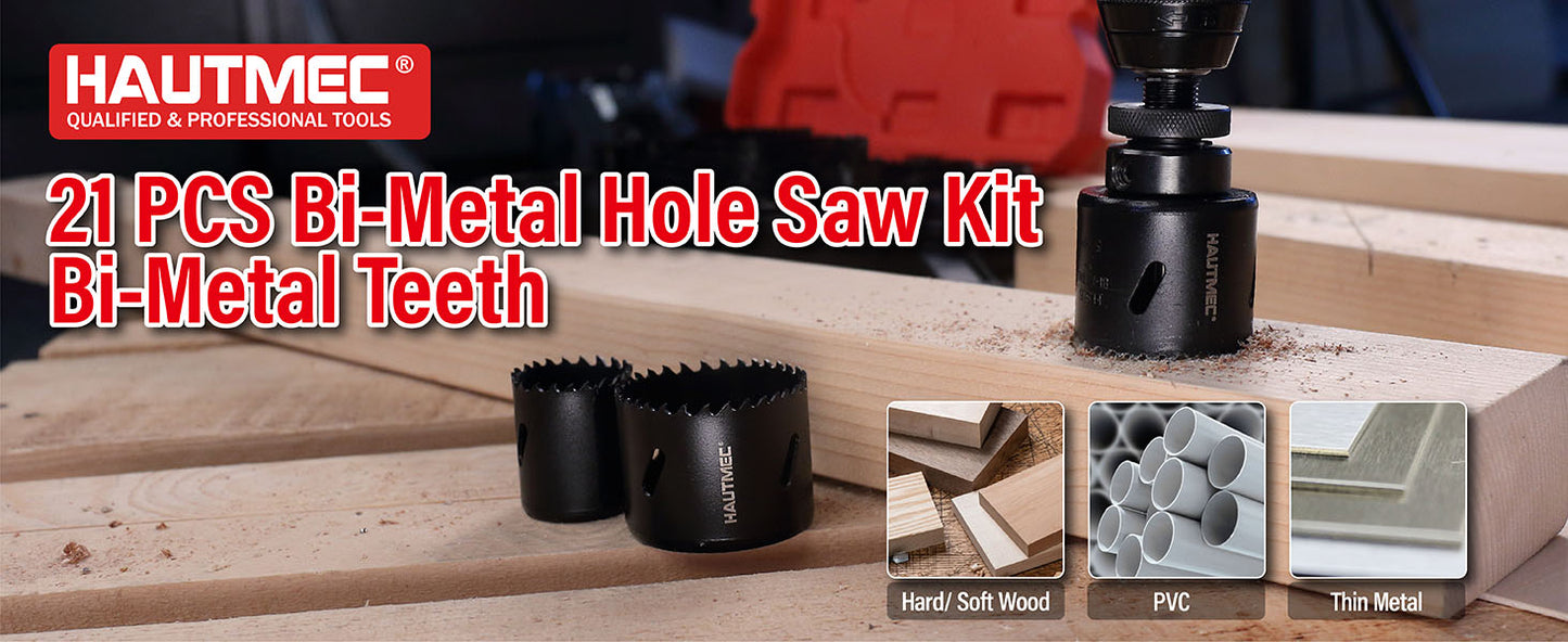 HAUTMEC 21-Piece Bi-Metal Hole Saw Kit, 3/4″–4-3/4″ (19–121mm), Heavy-Duty HSS Blades with 2 Arbors, 4 Drill Bits, Hex Key & Storage Case for Wood, Drywall, PVC & Thin Metal – HTHOH25013