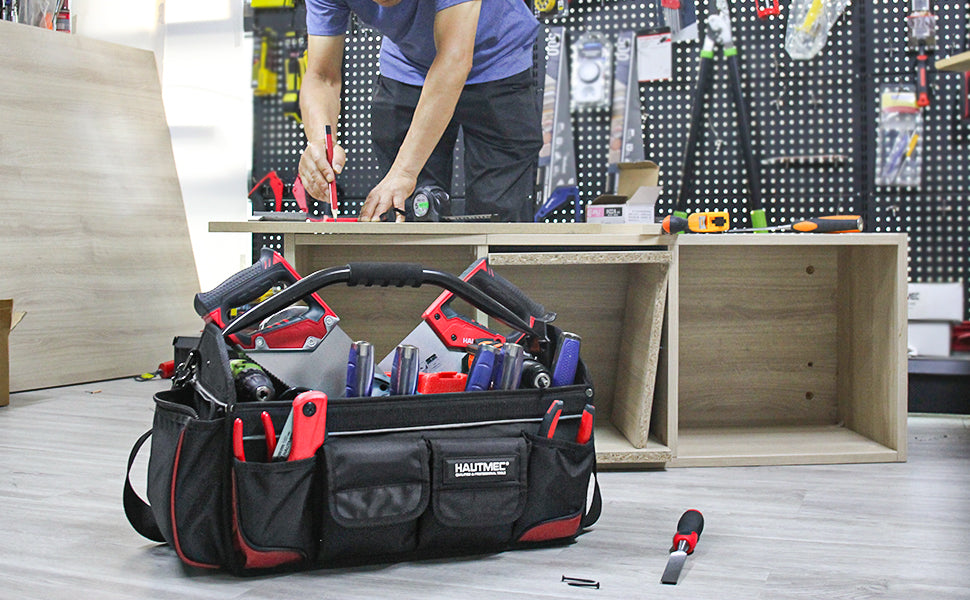 HAUTMEC 18.5 Inch Heavy-Duty Tool Bag, Open Top Tool Tote with 39 Pockets, Rotating Handle & Padded Shoulder Strap, Pro Electrician Tool Organizer Bag, Water-Resistant & Wear-Resistant – HT0178