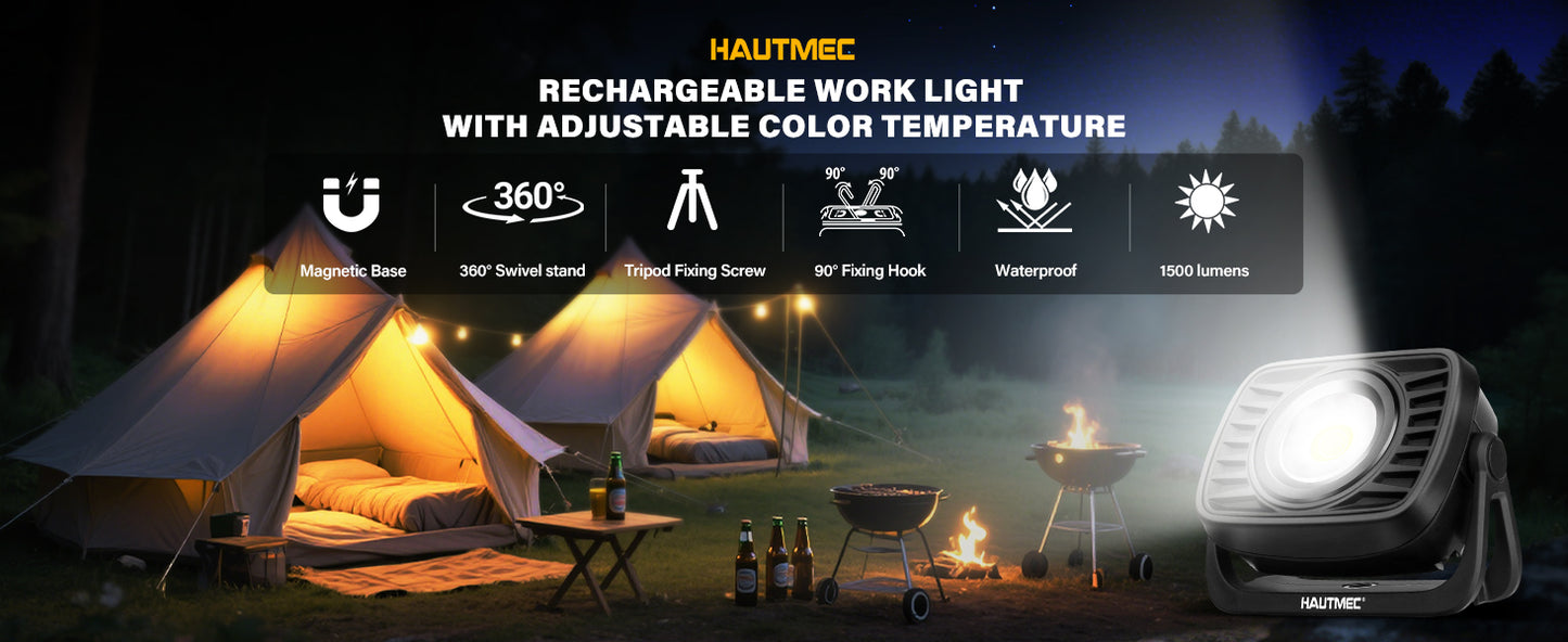 HAUTMEC Rechargeable Work Light, 360°Rotating COB 1500LM Portable Flood Light with Magnetic Base and Pothook, Waterproof Power Bank Worklight Tool for Car Repairing Construction Sites, HT0168-WL