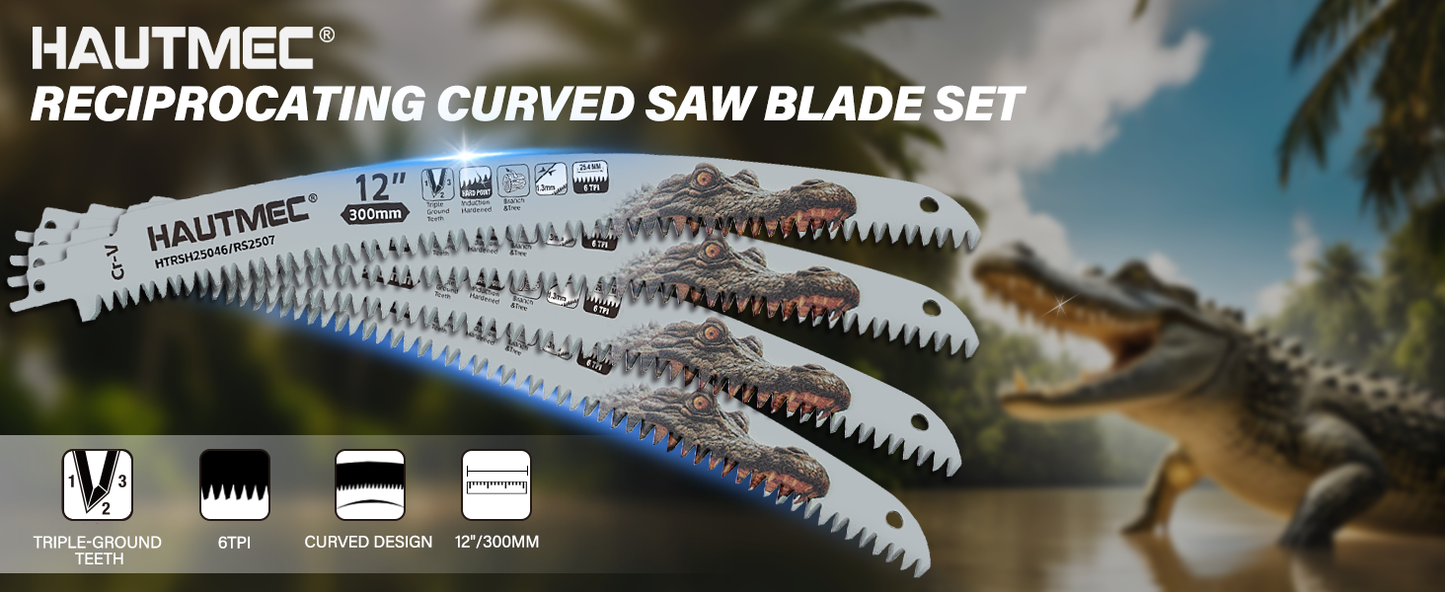HAUTMEC 12 Inch Japanese Teeth Reciprocating Saw Blade, Curved Blade with 6TPI Harden Teeth Medium Cut for for Tree Trimming, Wood/PVC Pipe Cutting, Cr-V Sabre Sawzall Blades, 4 Pieces, HTRSH25046