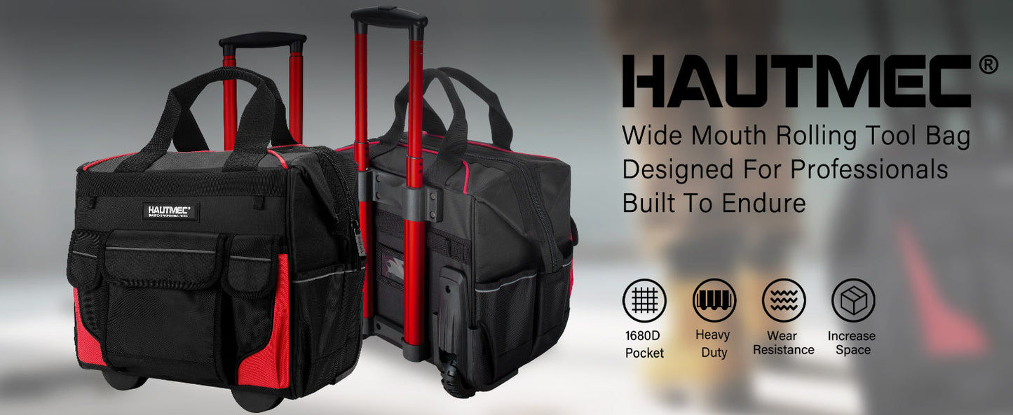 HAUTMEC 14.5" Rolling Tool Bag with Wheels, 25-Pocket Portable Tool Box Organizer with 600D Water-Resistant Fabric, Wide-Mouth Design, Oversized Wheels & Telescoping Red Handle -HTTBM25005
