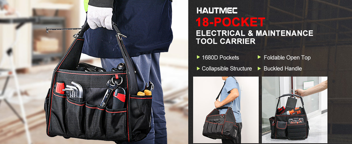 HAUTMEC Tool Tote Pro Electrician Tool Bag 18-Pockets Open Top Tool Bag With Removable Shoulder Strap Lightweight Foldable Design Tool Carrier Waterproof Wear-Resistant HT0143-TB