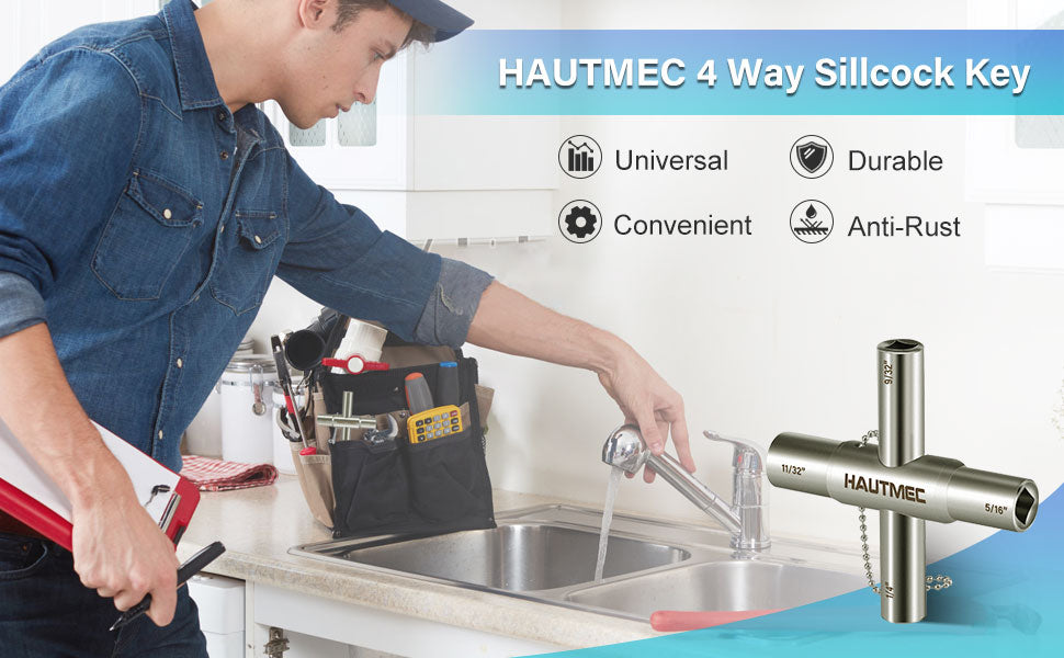 HAUTMEC 4 Way Sillcock Water Key,1/4", 9/32", 5/16", 11/32" Steel Multi-Function Utility Key for Sillcocks Faucets Valves Spigots PL0028