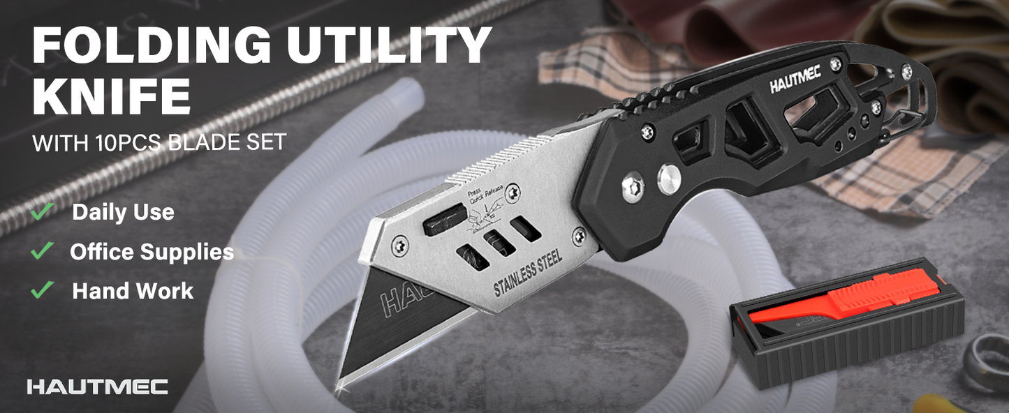 HAUTMEC Folding Utility Knife with 10-Pack SK2H Blades, Heavy-Duty Aluminum Alloy Box Cutter with Belt Clip, Carabiner, Quick-Change Blades & Safety Lock – HTUCH25002