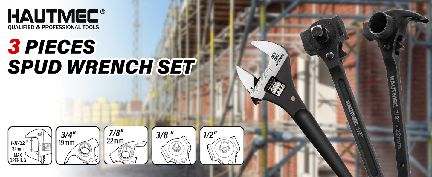 HAUTMEC 12inch Spud Ratchet Wrench Set(3 PCS), Includes 3/4" x 7/8" Dual Socket Scaffold Ratchet Wrench with Claw Pry Bar & Hammer Function, 3/8" x 1/2" Dual Head Ratchet, and Adjustable Spud Wrench HTASM25020