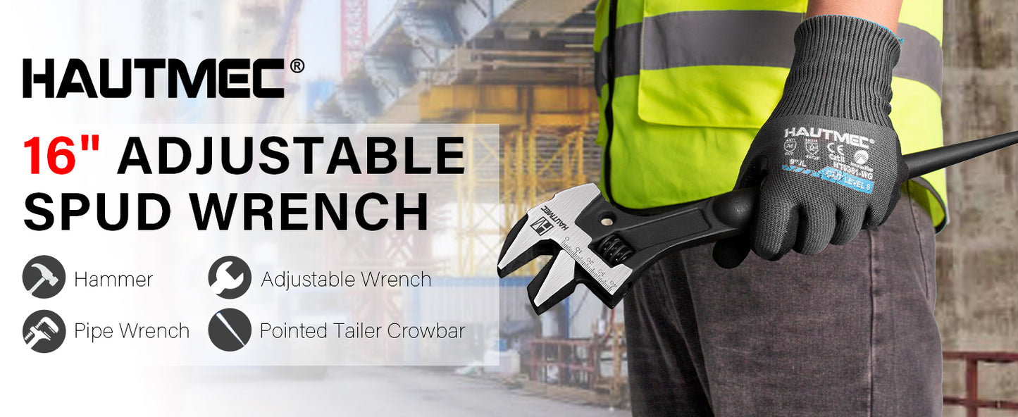 HAUTMEC 16inch Adjustable Spud Wrench, 4 in 1 Multifunctional Spud Wrenches, Adjustable Wrench and Hammer, Extra Wide Jaw Up to 1.6" (41mm) Metric & SAE Scale, Oxide Finish, for Garage Workshop DIY HTASM25015