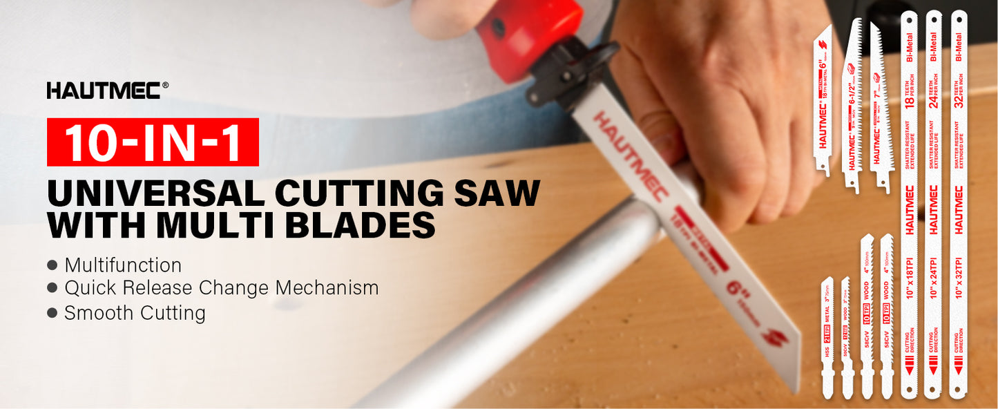 HAUTMEC 10-In-1 Multi Blades Hand Saw with Quick-Release Change Mechanism and Pro HSS/Cr-V/Bi-Metal Blades, Compact Hacksaw, Jab Saw, Versatile Handsaw for Wood, Metal, Plastic, Drywall – HTHSH25032