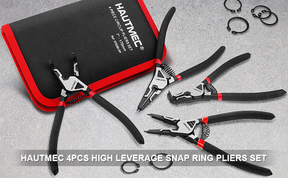 HAUTMEC 4PCS High Leverage Snap Ring Pliers Set,7 inches Internal/External Heavy Duty Circlip Pliers HT0280