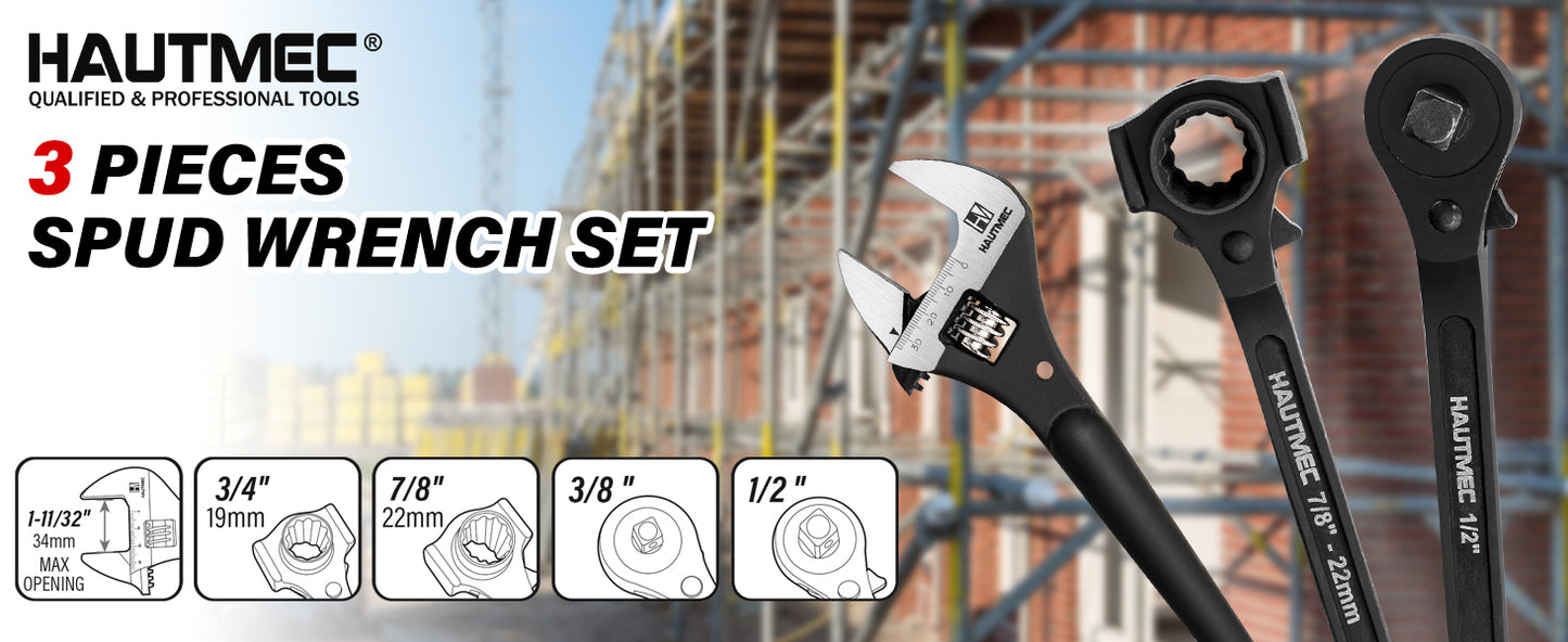 HAUTMEC 12" Spud Ratchet Wrench Set(3 PCS), Includes 3/4" x 7/8" Dual Socket Scaffold Ratchet Wrench with Hammer Function, 3/8" x 1/2" Dual Head Ratchet, and Adjustable Spud Wrench HTASM25021