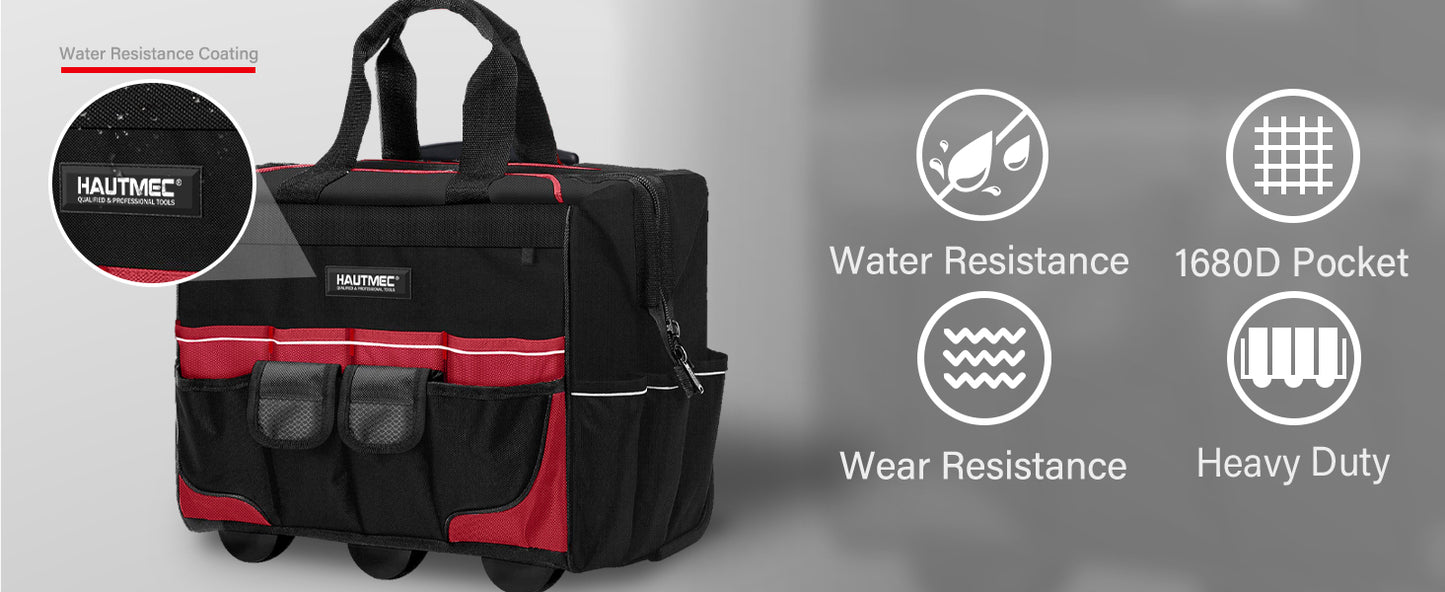 HAUTMEC 18" Rolling Tool Bag with Wheels, 23-Pocket Portable Tool Box Organizer with 600D Water-Resistant Fabric, Wide-Mouth Design, Oversized Wheels & Telescoping Handle -HTTBM25004