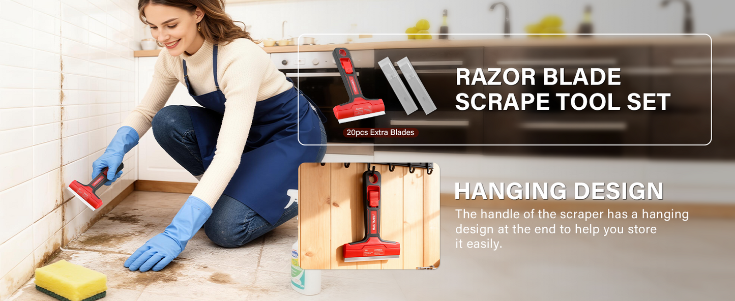 HAUTMEC Razor Blade Scraper Tool, 4" Wider Scraper Tool with 20 Extra Carbon Steel Blades, Razor Scraper for glass scraper, Adhesive, Label, Sticker from Window, Glass, Tile, Floor, Stove HTPBM25033