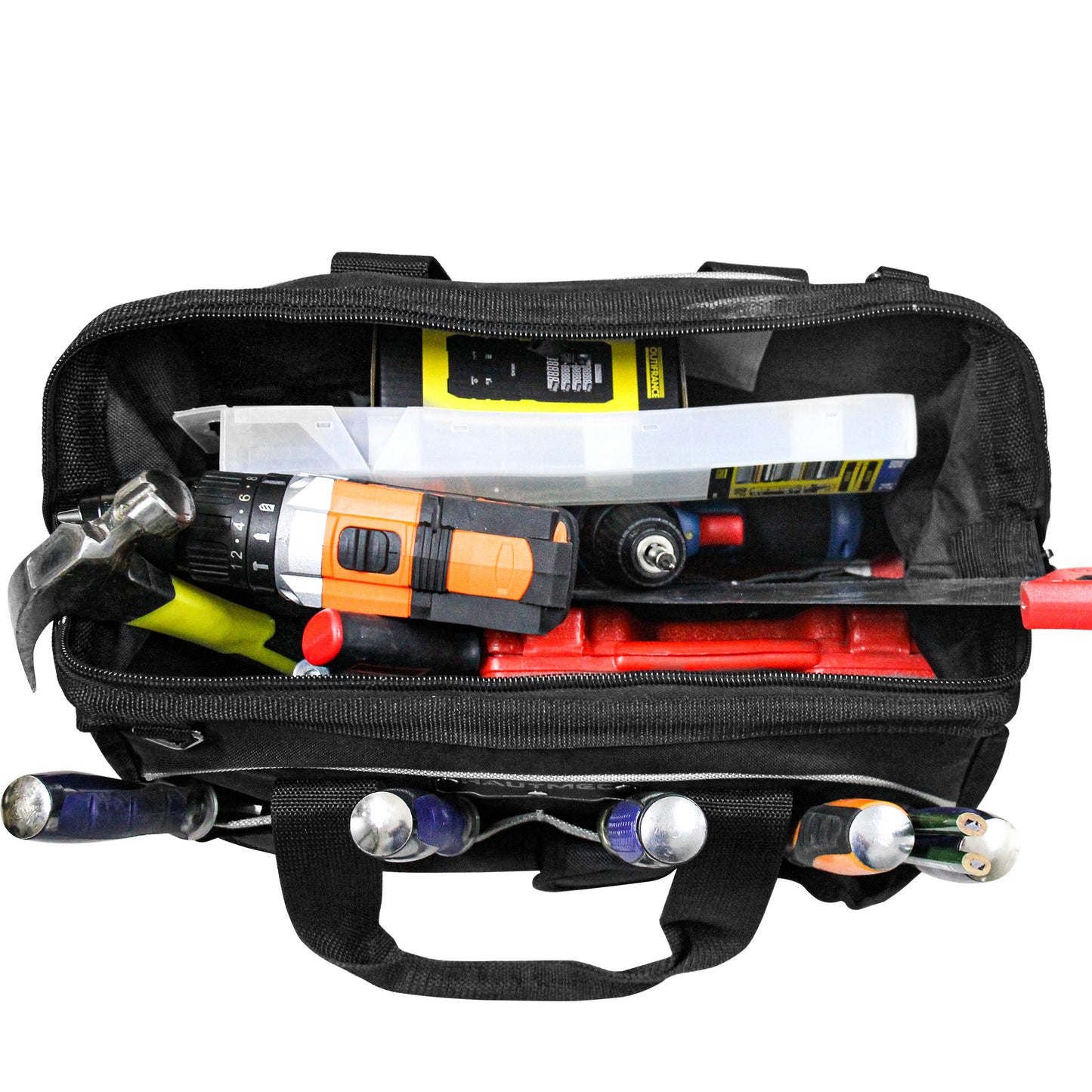 HAUTMEC Pro 16-inch Wide Mouth Tool Bag With 47 Pockets, Water-safe and Strengthened Base, Safety Reflective Straps for Tool Organization And Storage HT0183-TB