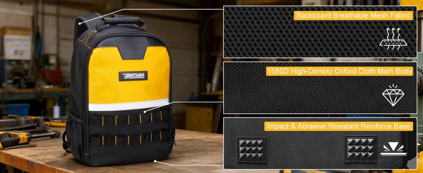 HAUTMEC Tool Backpack with Laptop Compartment, Heavy-Duty 1680D Oxford Tool Bag with Reinforced Base, 11 Pockets, Padded Straps, Portable Tool Organizer for Technicians, Contractors – HTTBM25058