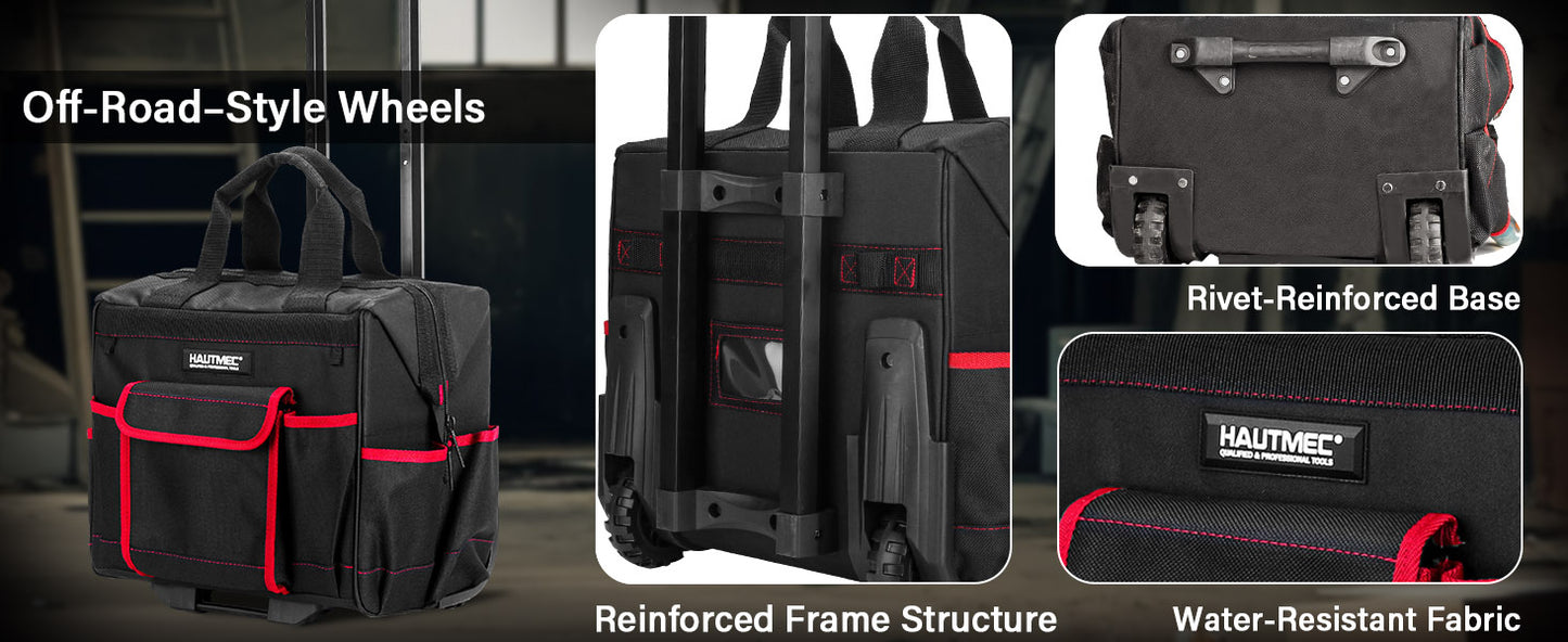 HAUTMEC 2-Piece Rolling Tool Bag Set, 15” Heavy-Duty Tool Bag with Wheels & 15" Wide Mouth Utility Bag, 1680D Water-Resistant Durable Tool Storage – HT0288