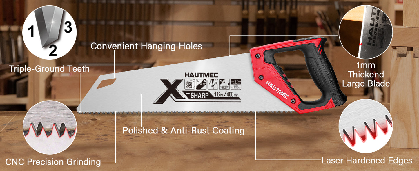 HAUTMEC 16 in. Universal X-Sharp Hand Saw - 11 TPI Fine Cuts Wood Saw - Professional Universal Saws for Wood, Laminate And Plastic - Ripcut And Crosscut Saw, HT0152-SA