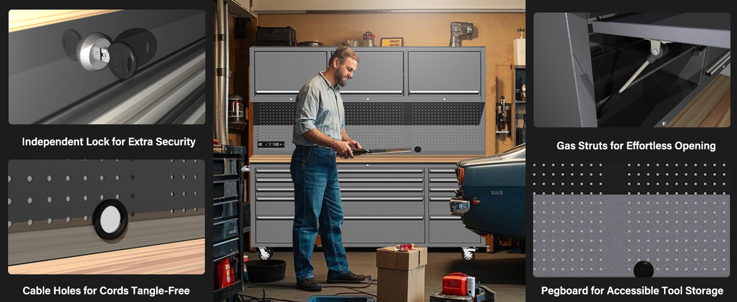HAUTMEC 72-Inch Rolling Tool Chest with 51 PCS Pegboard Hooks & ETL-Certified Power Strip, Mobile Garage Workbench with 15 Drawers, 3 Upper Cabinets, Pegboard & Heavy-Duty Oak Work Surface HT0428-TC