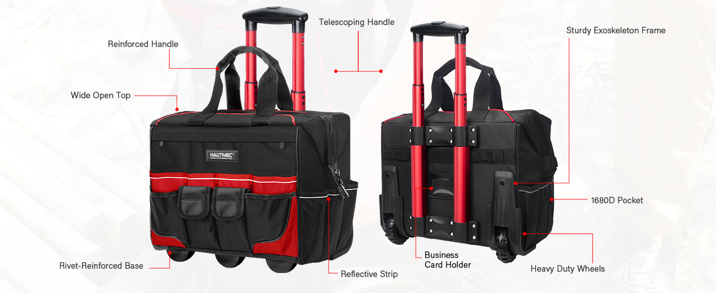 HAUTMEC 3 Piece Heavy-Duty Rolling Tool Bag Set, 18” Wheeled Tool Bag, 15” Electrician Tool Tote & 12” Wide Mouth Bag, 1680D Oxford Fabric Portable Tool Storage – HTTBM25006