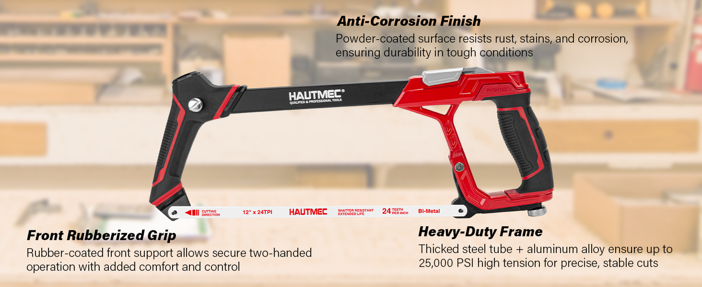 HAUTMEC 12" Fast Tension Hacksaw with Extra 5 HSS Blades, Heavy-Duty Aluminum Frame, Quick-Change Tension, Blade Storage, Pro Hack Saw with Dual Cutting Angles for Metal, PVC, Wood - HTHSH25034