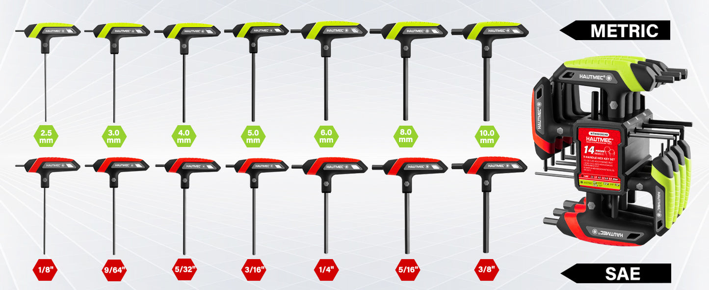 HAUTMEC 14-Piece T-Handle Allen Wrench Set, SAE & Metric T-Handle Hex Key Set, High Torque CR-V Steel Allen Key Set with Storage Rack, for Bike, Motorcycle, Furniture & Auto Repair, HTHKH25040