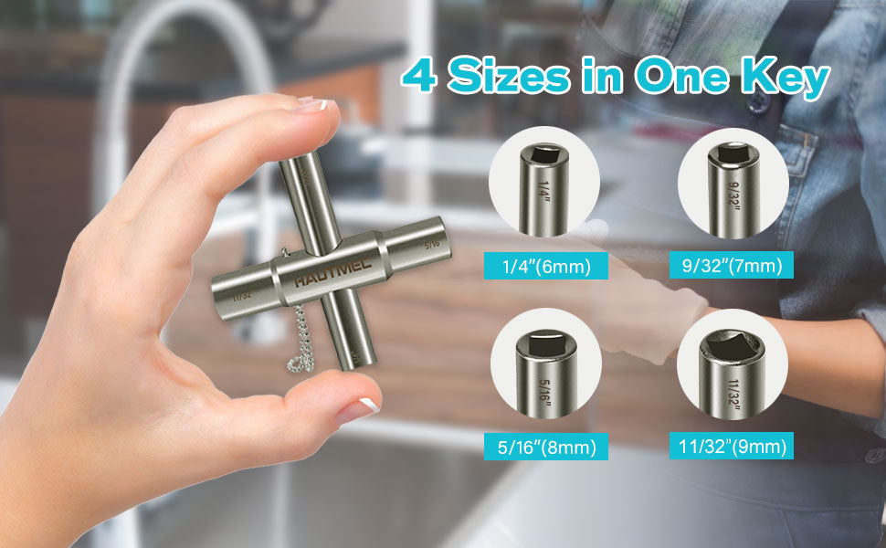 HAUTMEC 4pcs 4 Way Sillcock Water Key Faucet Valve Tool Spigot Key 1/4", 9/32", 5/16", 11/32" PL0028-4