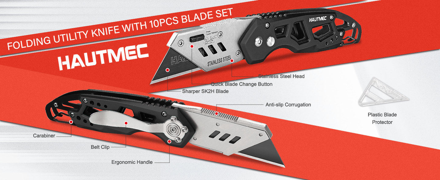 HAUTMEC Folding Utility Knife with 10-Pack SK2H Blades, Heavy-Duty Aluminum Alloy Box Cutter with Belt Clip, Carabiner, Quick-Change Blades & Safety Lock – HTUCH25002