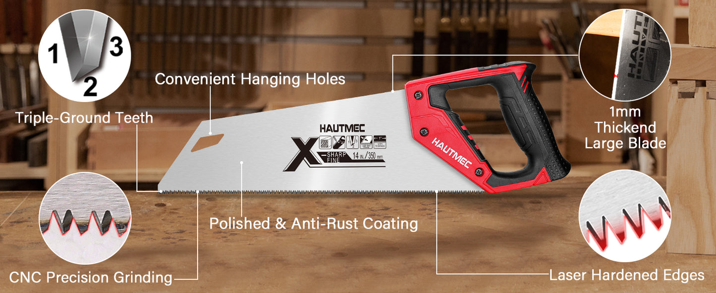HAUTMEC 14-Inch X-Sharp Pro Hand Saw, Universal Wood Saw with 12 TPI Triple Ground Teeth, Thickened Carbon Steel Blade & Ergonomic Handle, Multi-Use Handsaw for Wood, Plastic, Drywall, PVC – HT0295