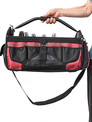 HAUTMEC 18.5 Inch Heavy-Duty Tool Bag, Open Top Tool Tote with 39 Pockets, Rotating Handle & Padded Shoulder Strap, Pro Electrician Tool Organizer Bag, Water-Resistant & Wear-Resistant – HT0178