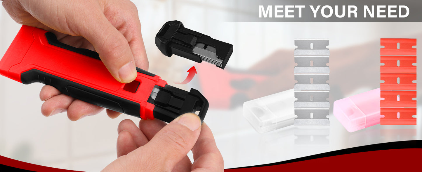 HAUTMEC Razor Blade Scraper Tool With 24Pcs Extra Blades, 10 Plastic Rozor Blades, 14 Carbon Steel Razor Blades, Removing Decals, Stickers, Labels for Glass, Tile, Window, Car, Cooktops HTPBM25031