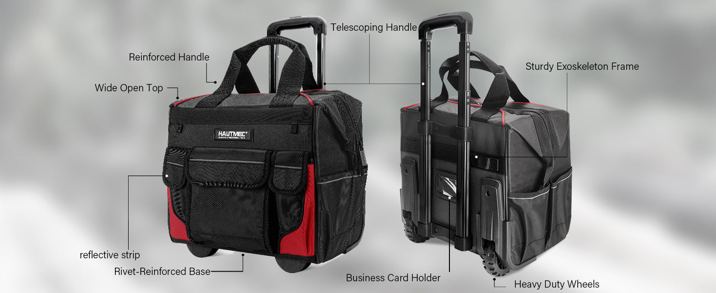 HAUTMEC 14.5" Rolling Tool Bag with Wheels, 25-Pocket Portable Tool Box Organizer with 600D Water-Resistant Fabric, Wide-Mouth Design, Oversized Wheels & Telescoping Handle - HT0179