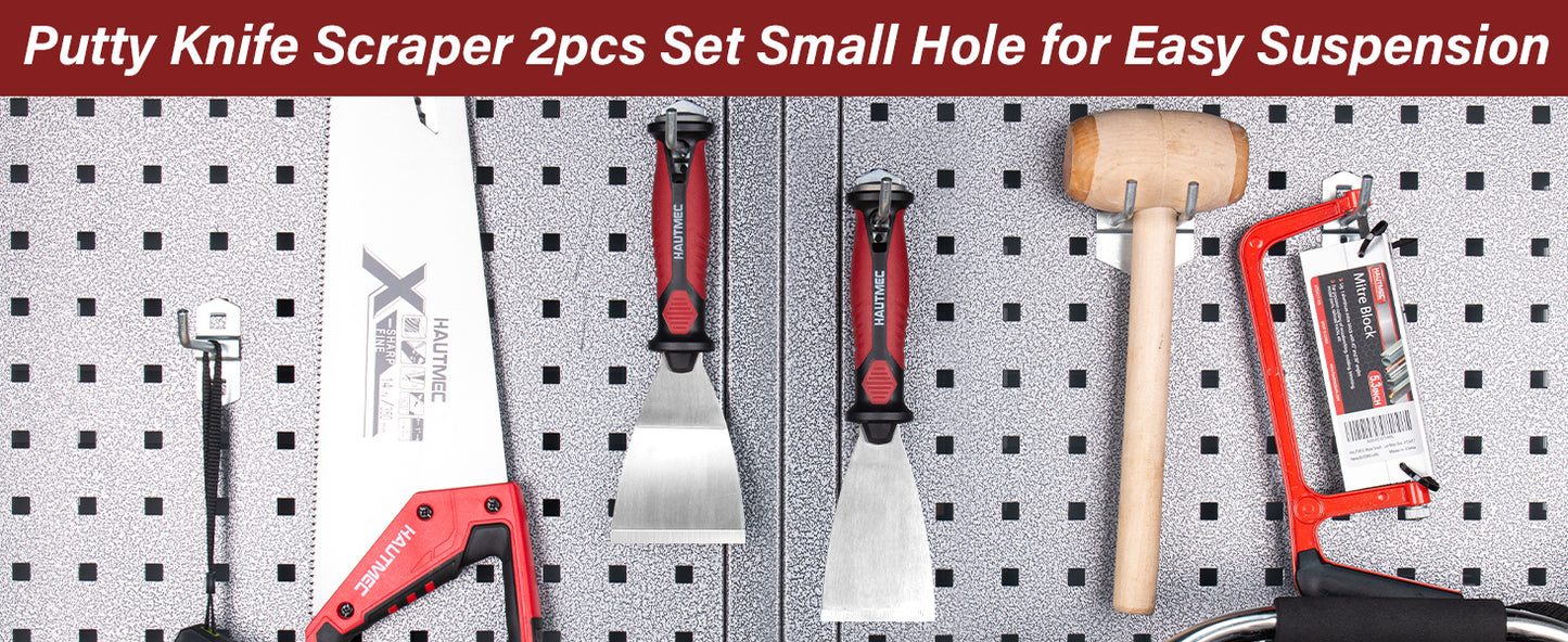 HAUTMEC 2pc Putty Knife Set, 2.5 in Staight and 3 in Offset Scrapers, Heavy Duty Stainless Steel Blade and Hammer End for Removing Wallpaper, Applying Putty, Plaster, Cement HT0061