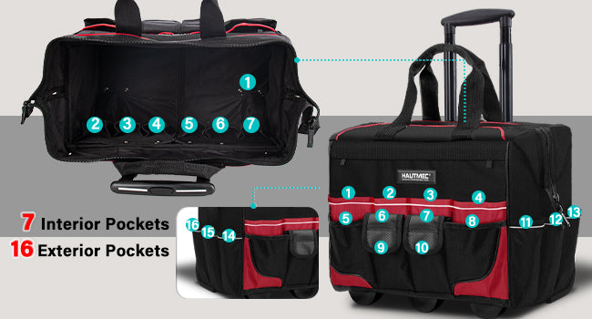 HAUTMEC 18" Rolling Tool Bag with Wheels, 23-Pocket Portable Tool Box Organizer with 600D Water-Resistant Fabric, Wide-Mouth Design, Oversized Wheels & Telescoping Handle - HT0059