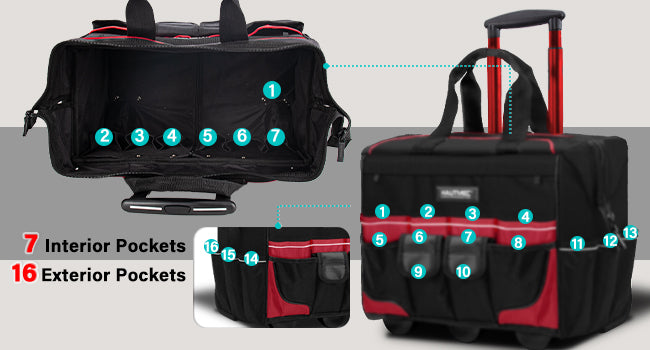 HAUTMEC 18" Rolling Tool Bag with Wheels, 23-Pocket Portable Tool Box Organizer with 600D Water-Resistant Fabric, Wide-Mouth Design, Oversized Wheels & Telescoping Handle -HTTBM25004