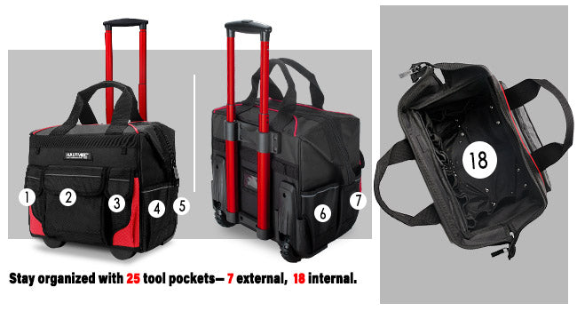 HAUTMEC 14.5" Rolling Tool Bag with Wheels, 25-Pocket Portable Tool Box Organizer with 600D Water-Resistant Fabric, Wide-Mouth Design, Oversized Wheels & Telescoping Red Handle -HTTBM25005