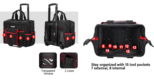 HAUTMEC 2-Piece Rolling Tool Bag Set, 15” Heavy-Duty Tool Bag with Wheels & 15" Wide Mouth Utility Bag, 1680D Water-Resistant Durable Tool Storage – HT0288