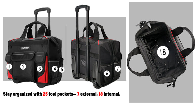 HAUTMEC 14.5" Rolling Tool Bag with Wheels, 25-Pocket Portable Tool Box Organizer with 600D Water-Resistant Fabric, Wide-Mouth Design, Oversized Wheels & Telescoping Handle - HT0179