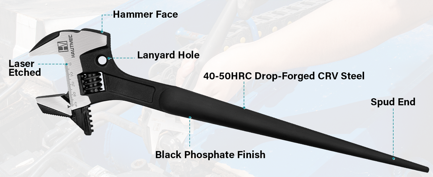 HAUTMEC 16inch Adjustable Spud Wrench, 4 in 1 Multifunctional Spud Wrenches, Adjustable Wrench and Hammer, Extra Wide Jaw Up to 1.6" (41mm) Metric & SAE Scale, Oxide Finish, for Garage Workshop DIY HTASM25015