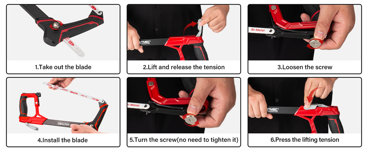 HAUTMEC 12" Fast Tension Hacksaw with Extra 5 HSS Blades, Heavy-Duty Aluminum Frame, Quick-Change Tension, Blade Storage, Pro Hack Saw with Dual Cutting Angles for Metal, PVC, Wood - HTHSH25034