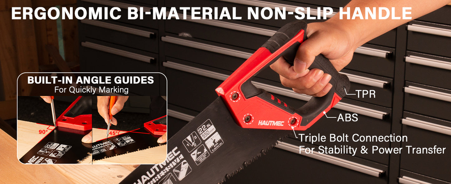HAUTMEC 22-Inch Aggressive Hand Saw, Ergonomical Handle, Rust-proof Wood Saw With Chip Removal Design, for Heavy Duty Sawing, Trimming, Gardening of Wood, Drywall, Laminate And Plastic HT0026-SA