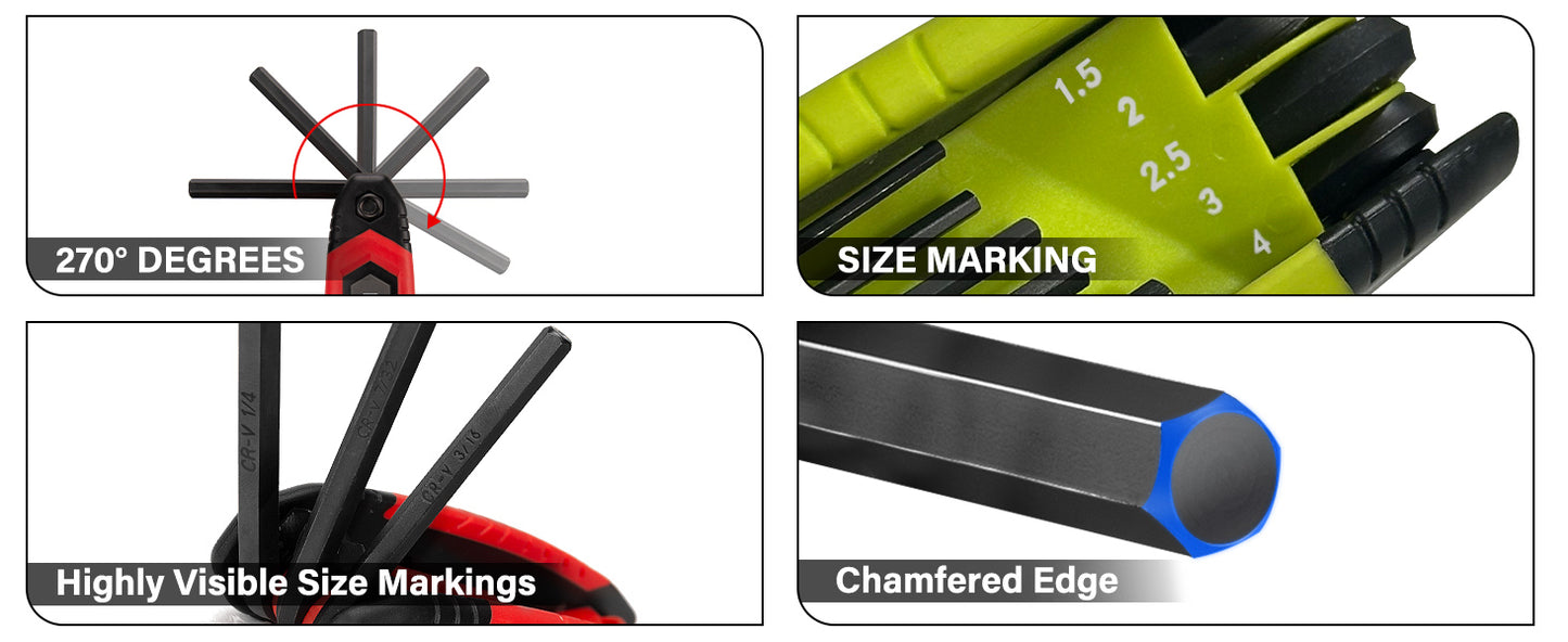 HAUTMEC 17PCS Folding Allen Wrench Set, Compact SAE & Metric Hex Key Set, Color-Coded Non-Slip Grip Allen Key Set, Heated Treated CR-V Steel Hex Wrench Sets, for Bike, Motorcycle & Machinery Repair HTHKH25041