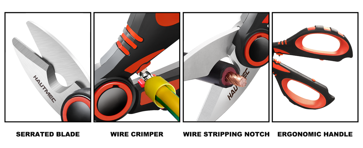 HAUTMEC Electrician Scissor, 6-1/4" Professional Electrician Shears with Stainless Serrated Blade, Cable Shears With Crimp, Notch Blade With Sheath, Comfortable Reinforced Fiberglass Handle,HT0416