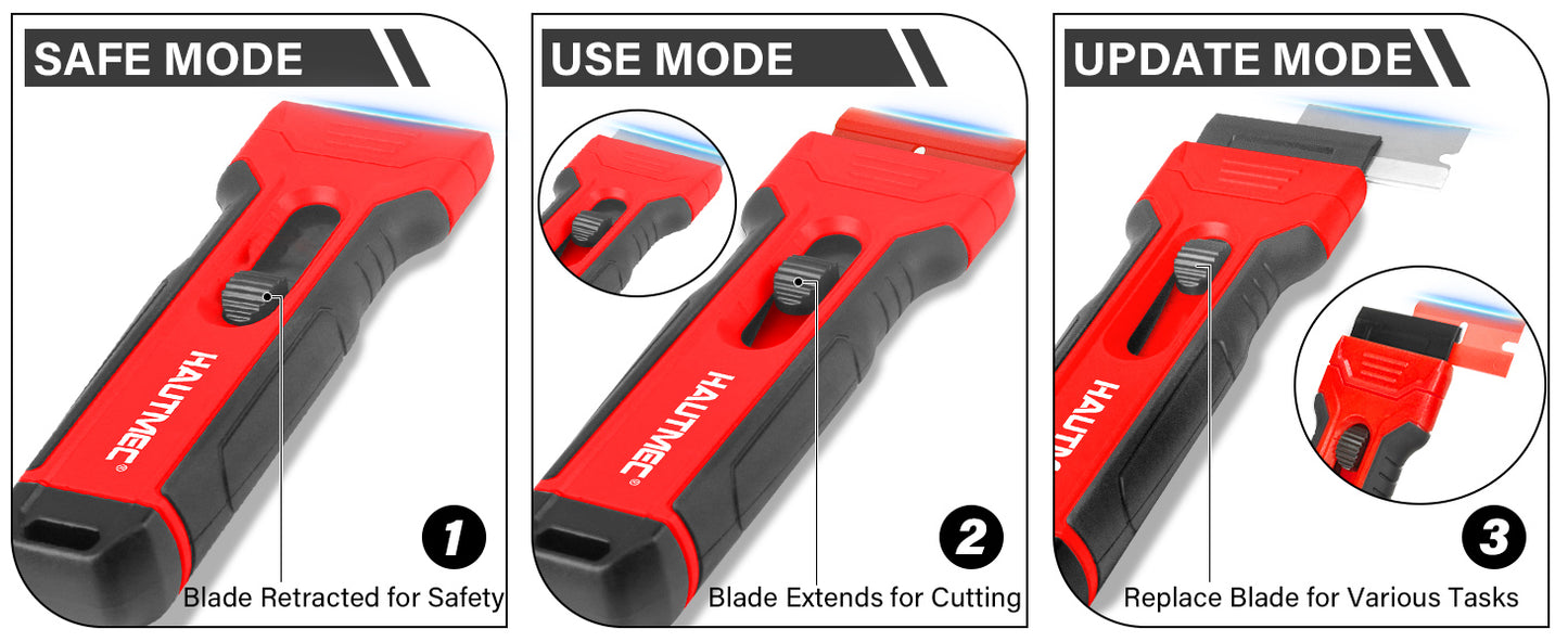HAUTMEC Razor Blade Scraper Tool With 24Pcs Extra Blades, 10 Plastic Rozor Blades, 14 Carbon Steel Razor Blades, Removing Decals, Stickers, Labels for Glass, Tile, Window, Car, Cooktops HTPBM25031