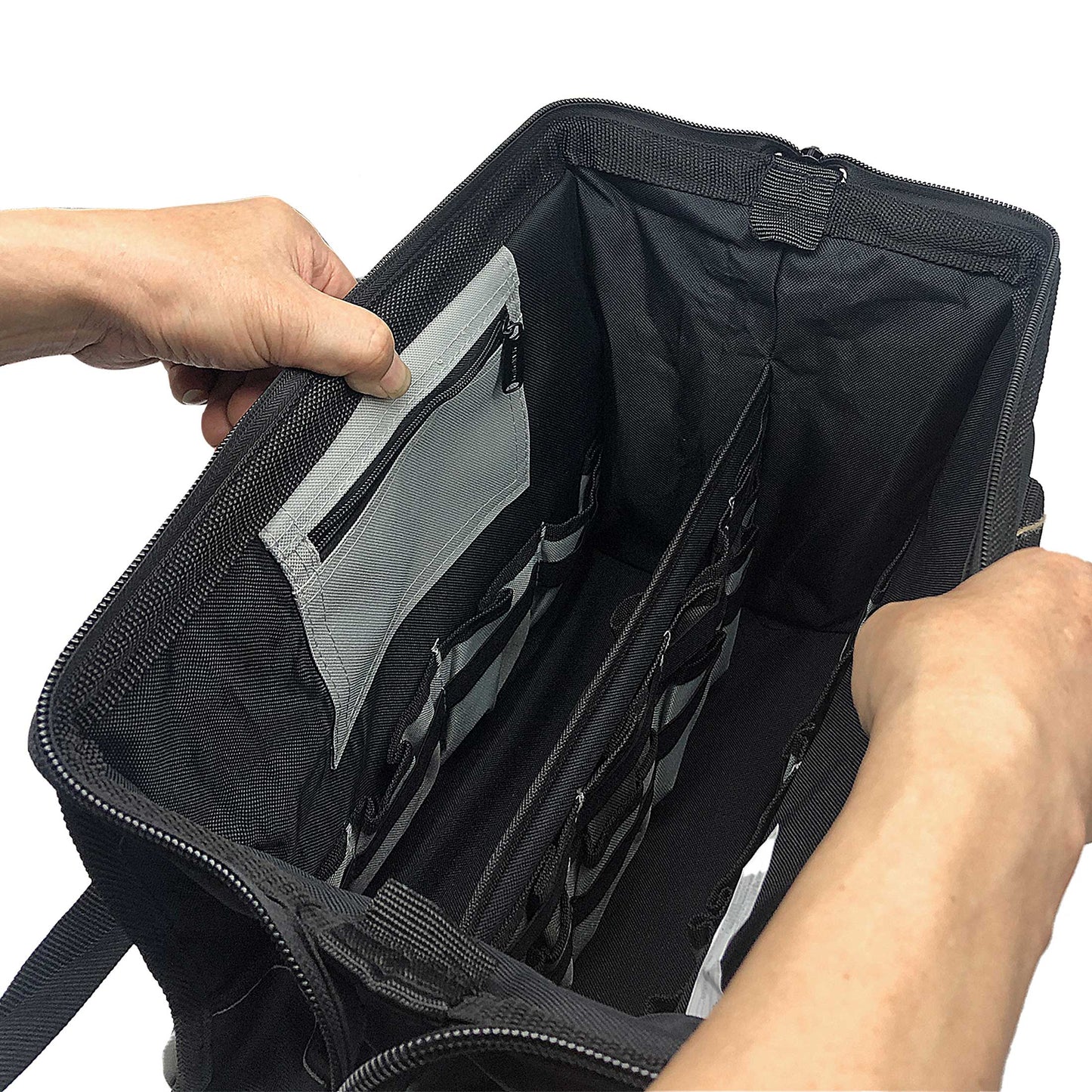 HAUTMEC Pro 16-inch Wide Mouth Tool Bag With 47 Pockets, Water-safe and Strengthened Base, Safety Reflective Straps for Tool Organization And Storage HT0183-TB