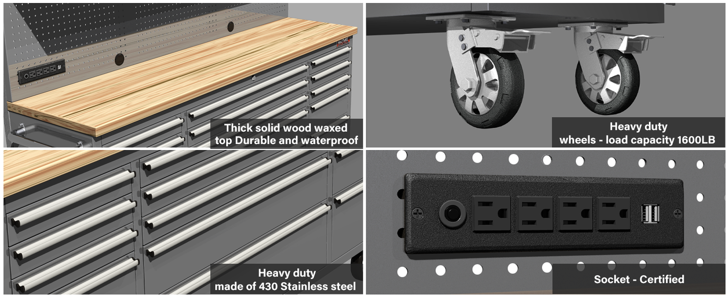 HAUTMEC 72-Inch Rolling Tool Chest with 51 PCS Pegboard Hooks & ETL-Certified Power Strip, Mobile Garage Workbench with 15 Drawers, 3 Upper Cabinets, Pegboard & Heavy-Duty Oak Work Surface HT0428-TC