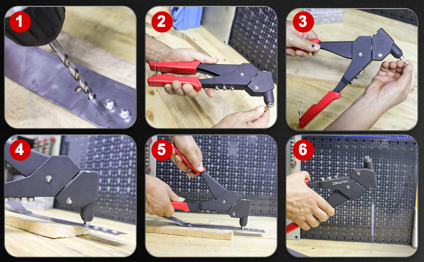 HAUTMEC Pop Rivet Gun,360° Swivel Head Hand Rivet Tool with 4 Manual Interchangeable Rivet Heads HT0128-HR