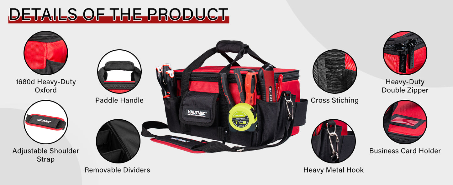 HAUTMEC Heavy Duty Tool Bag Case 14.5 Inch, 1680D Oxford Fabric & EVA Reinforced Hard Bottom, Wide Opening with Removable Dividers, Multi-Pocket Organizer with Padded Strap & Trolley Sleeve - HT0401